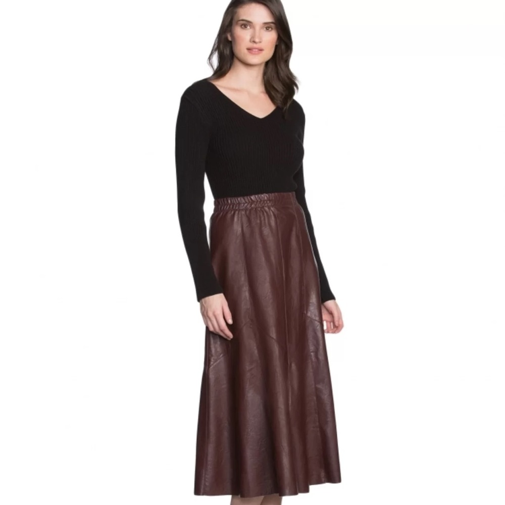 Vintage Merlot A-Line Leather Midi Skirt - Picture 2 of 7